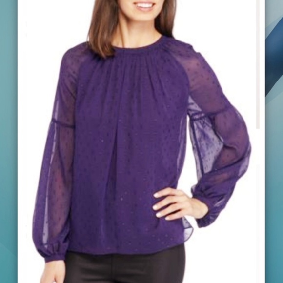 Michael Kors Purple Shimmer Cut Swiss Dot Peasant Top - Picture 2 of 15